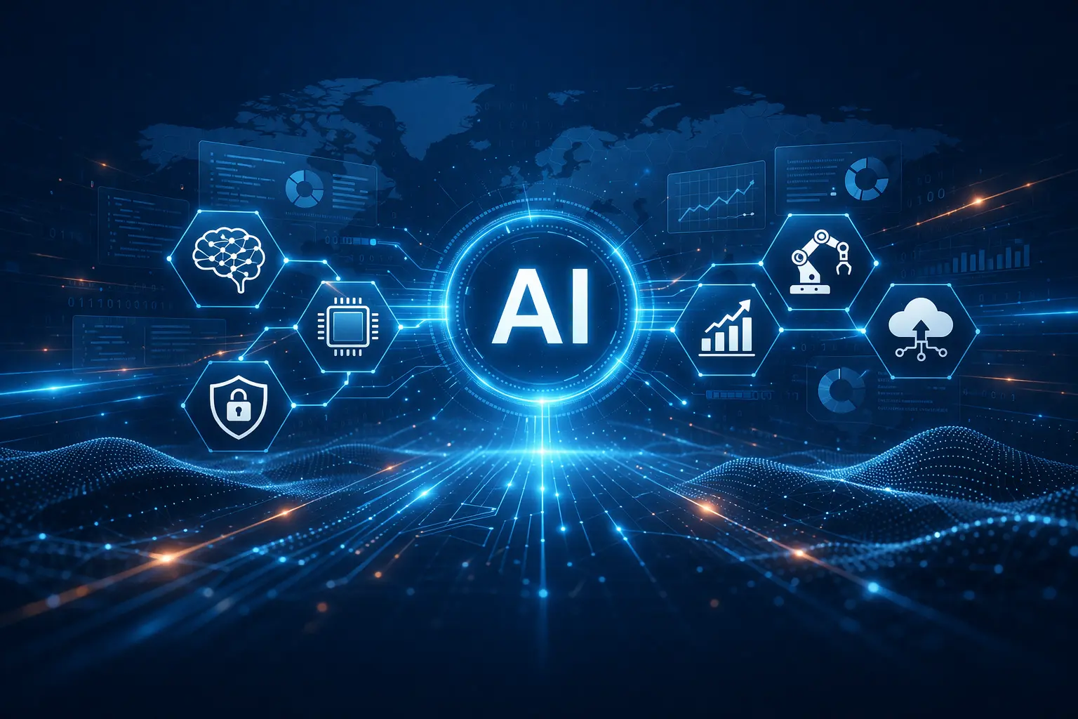 AI governance and security framework concept with global connectivity and digital intelligence visualization