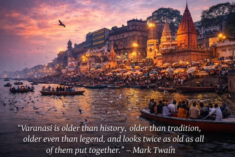 Assi Ghat at sunset along the Ganga river in Varanasi