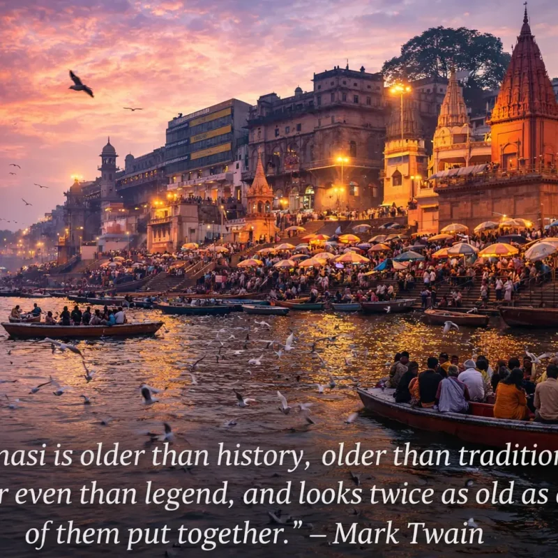 Assi Ghat at sunset along the Ganga river in Varanasi