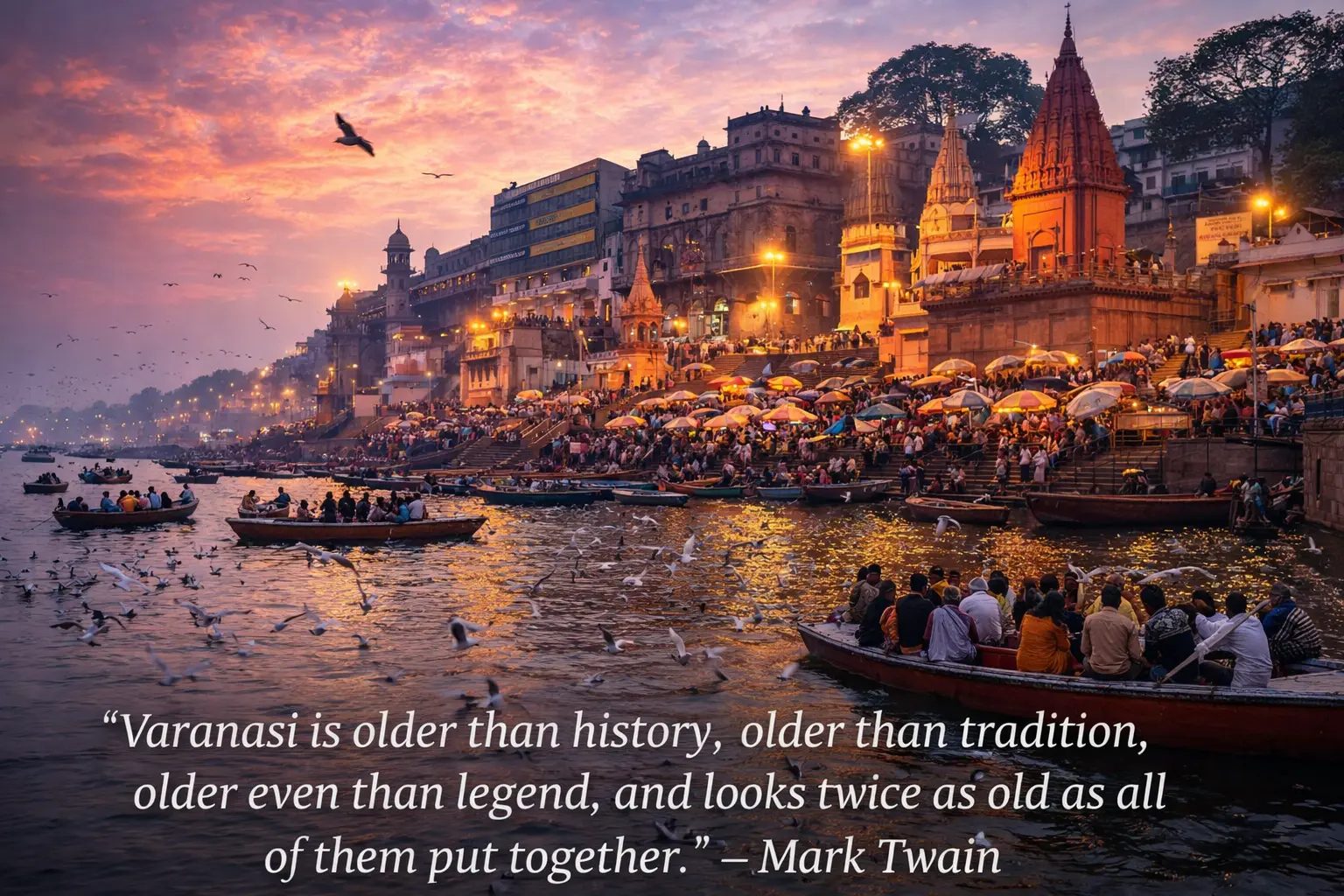 Assi Ghat at sunset along the Ganga river in Varanasi