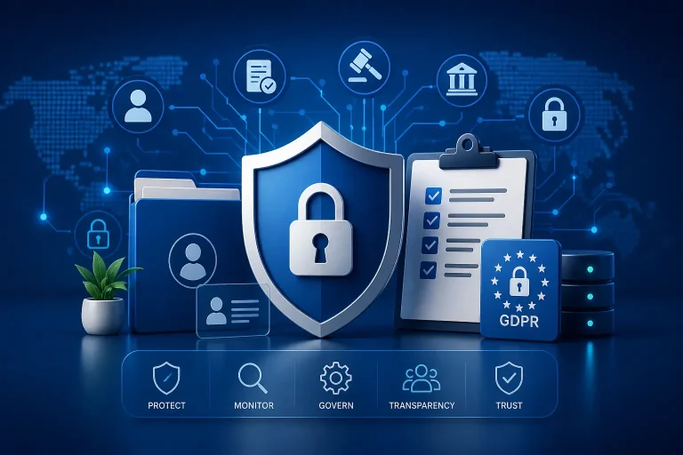 data privacy and compliance concept with cybersecurity and GDPR framework visualization