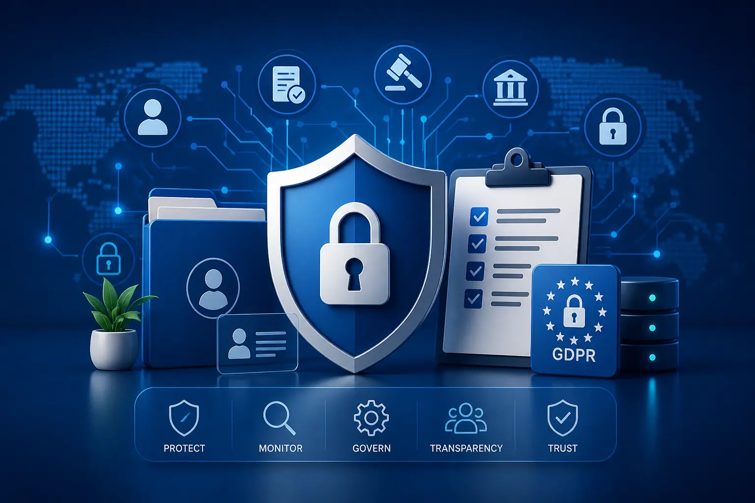 data privacy and compliance concept with cybersecurity and GDPR framework visualization