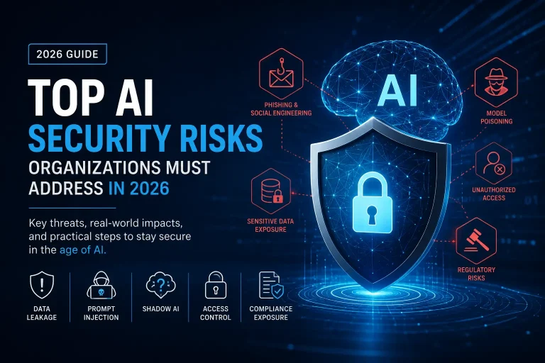 AI security risks illustration showing prompt injection, shadow AI, compliance exposure, and data security threats in 2026