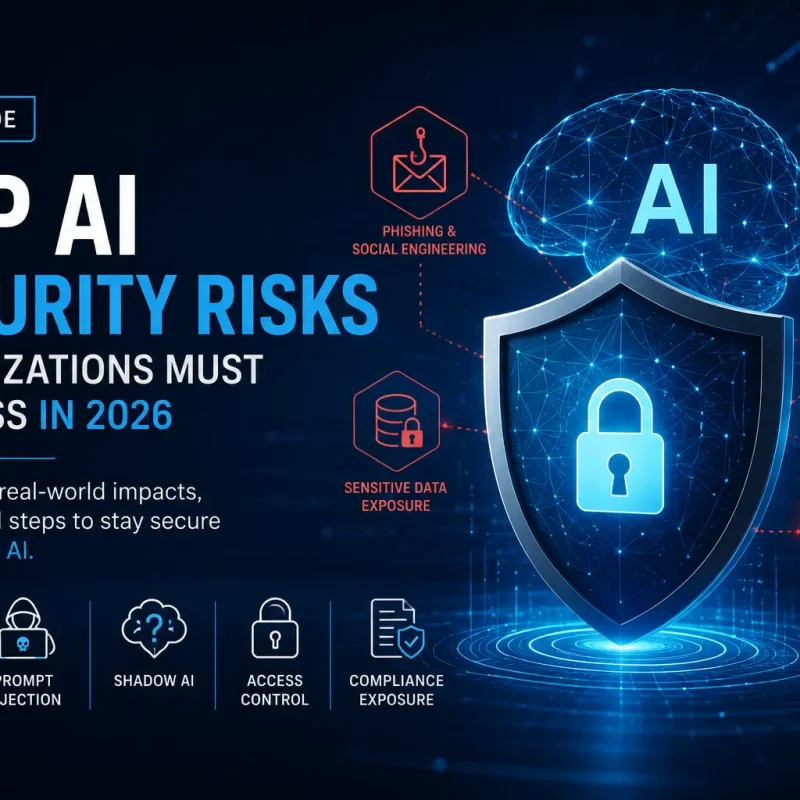 AI security risks illustration showing prompt injection, shadow AI, compliance exposure, and data security threats in 2026