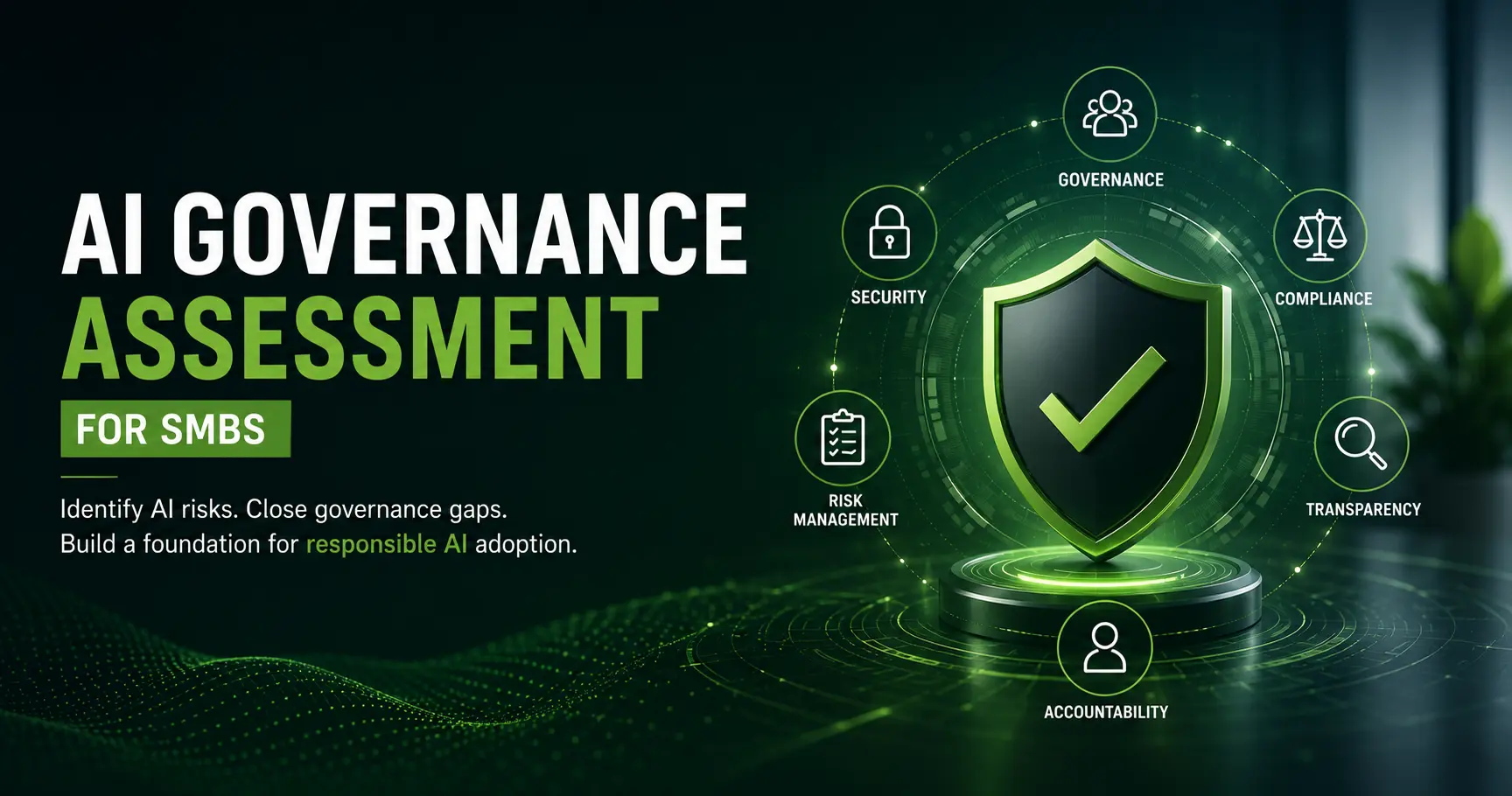 AI Governance Assessment for SMBs illustrating responsible AI practices, governance, security, compliance and risk management.